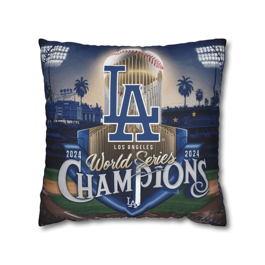 Throw pillow featuring the Los Angeles Dodgers' 2024 World Series Champions design, with the Dodgers logo, World Series trophy, and Dodger Stadium background.