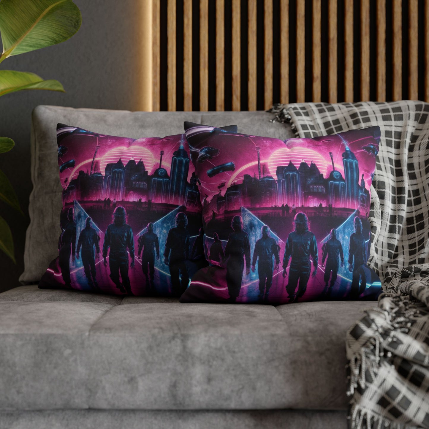 Retro-futuristic pillow and pillowcase with a glowing 1980s-inspired neon cityscape, featuring flying cars, laser beams, and holograms against a starry galaxy backdrop