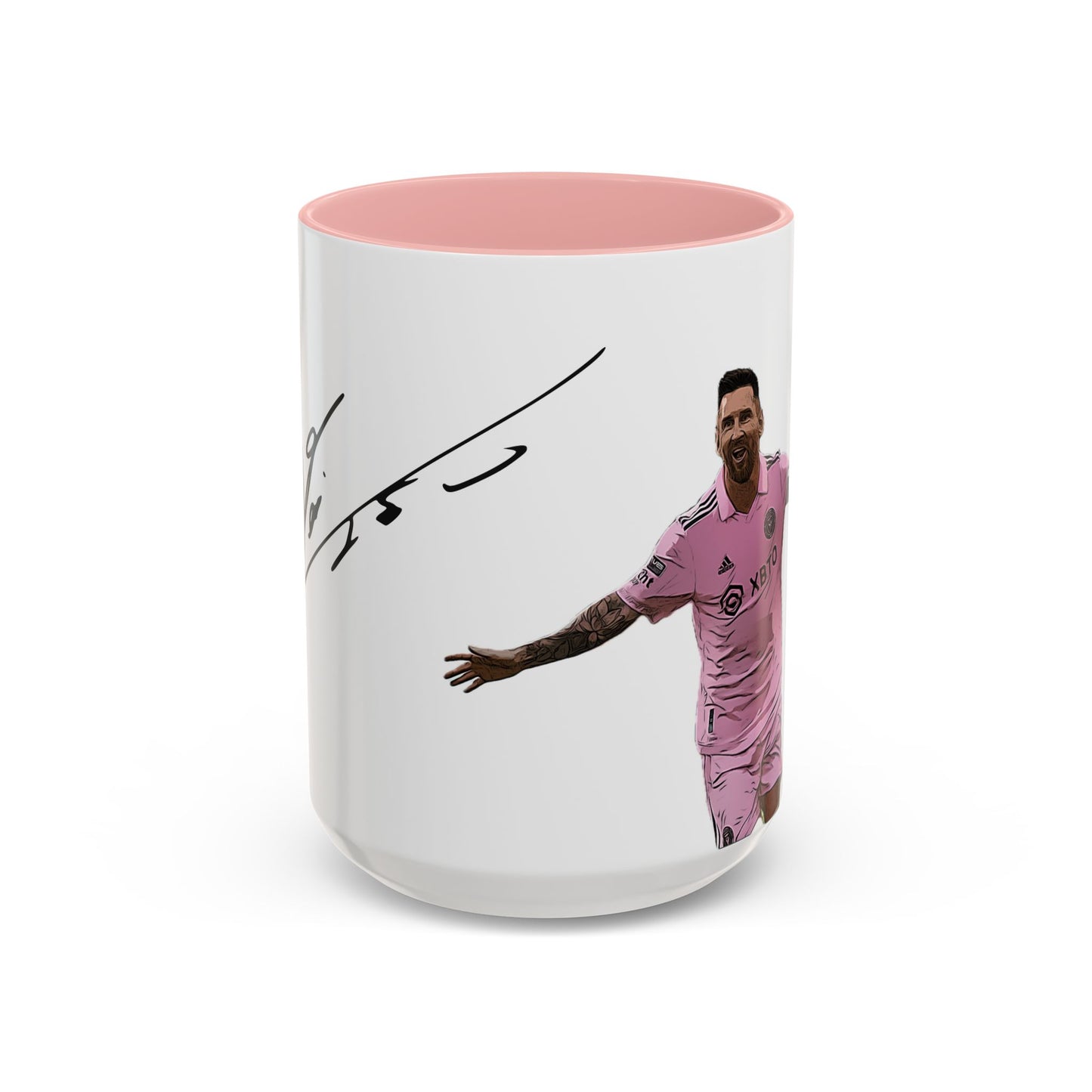 Cartoonized Lionel Messi in Inter Miami pink jersey celebrating with arms wide, signature above, on a 15oz white ceramic mug with pink interior 