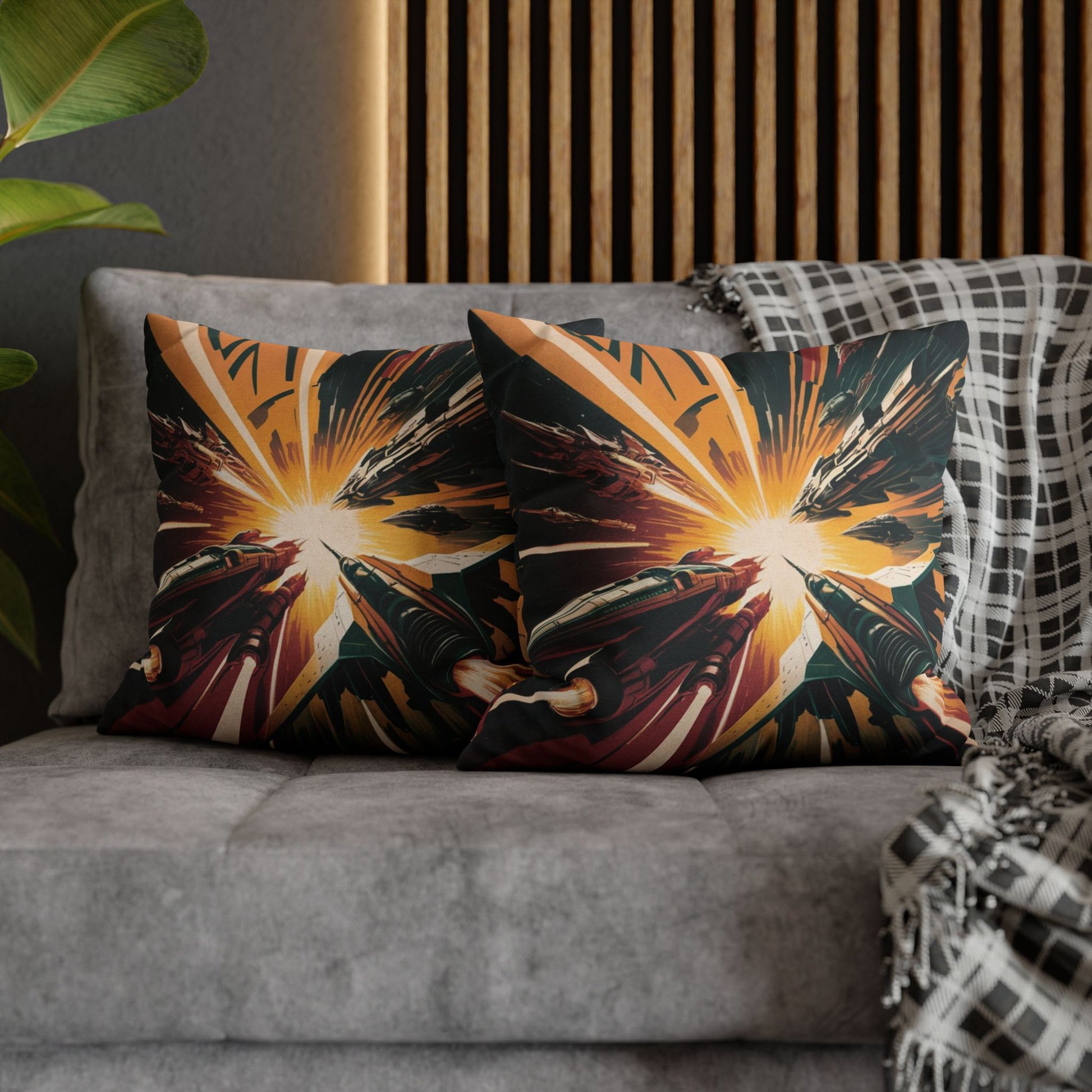 Pillow and pillowcase featuring a vintage 1960s sci-fi movie poster design of a spaceship battle in space, with bold colors, rocket ships, laser beams, and a starry universe background