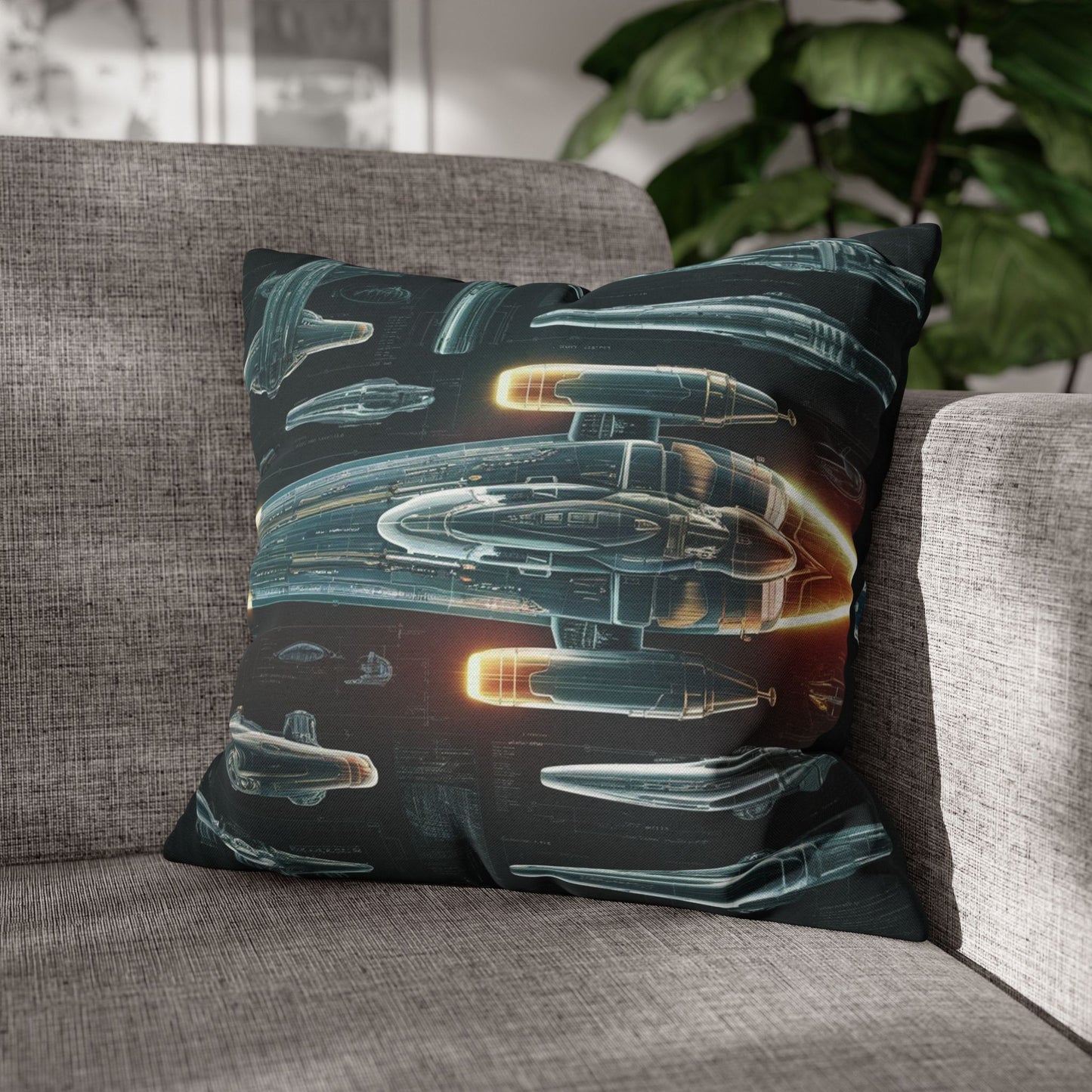 Futuristic Spaceship Blueprint Pillow & Pillowcase | Detailed Sci-Fi Schematic Design