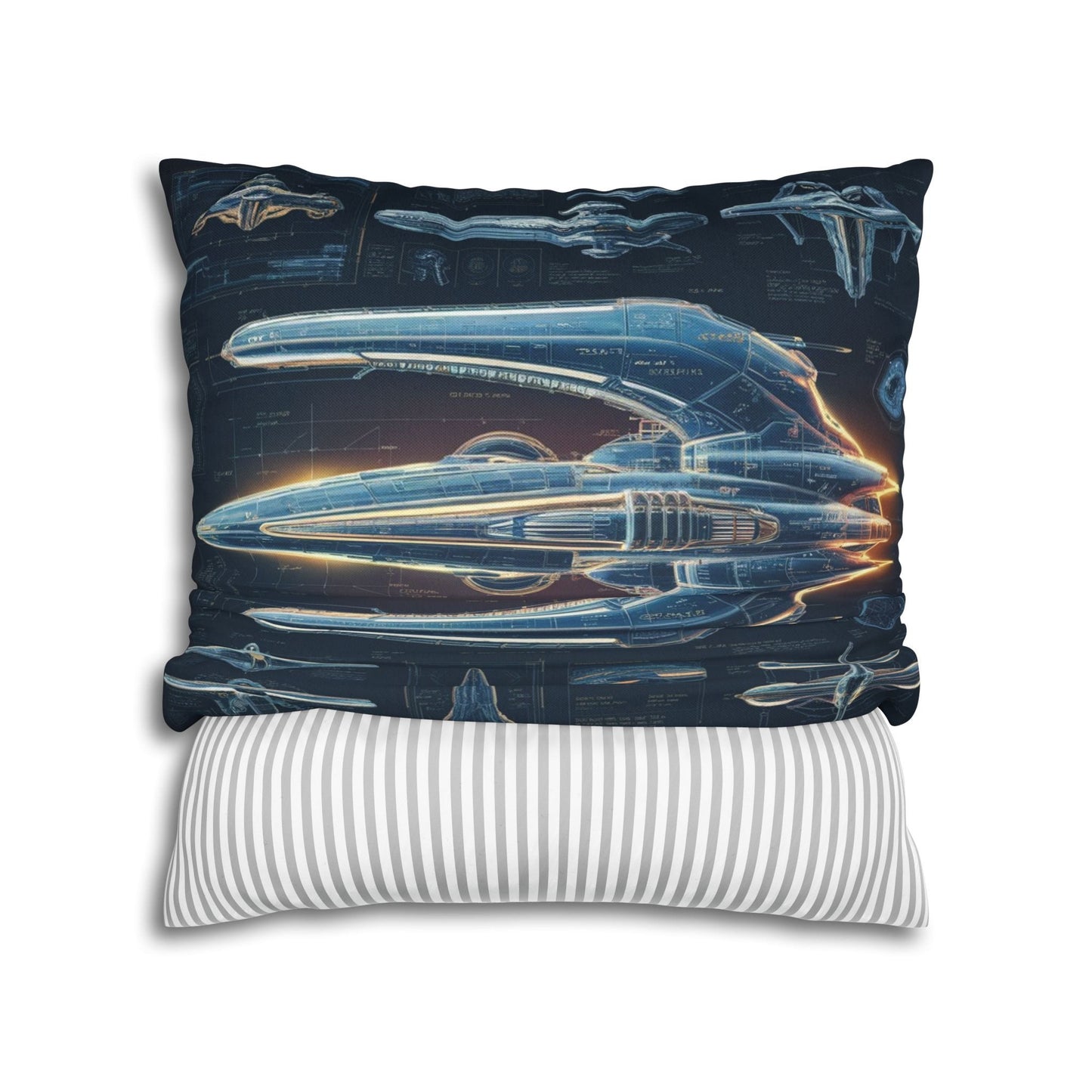 Futuristic Spaceship Blueprint Pillow & Pillowcase | High-Tech Schematic Design