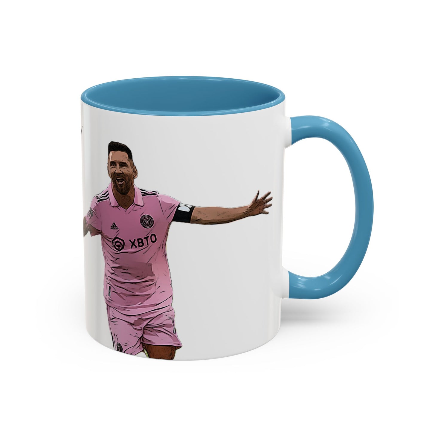 Lionel Messi celebrating in Inter Miami pink jersey on a white ceramic mug with a blue handle and interior, featuring a cartoon design