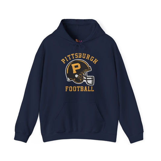 Pittsburgh Football Vintage Hoodie | Classic Black and Gold Helmet Graphic Pullover | Perfect Gift for NFL Fans