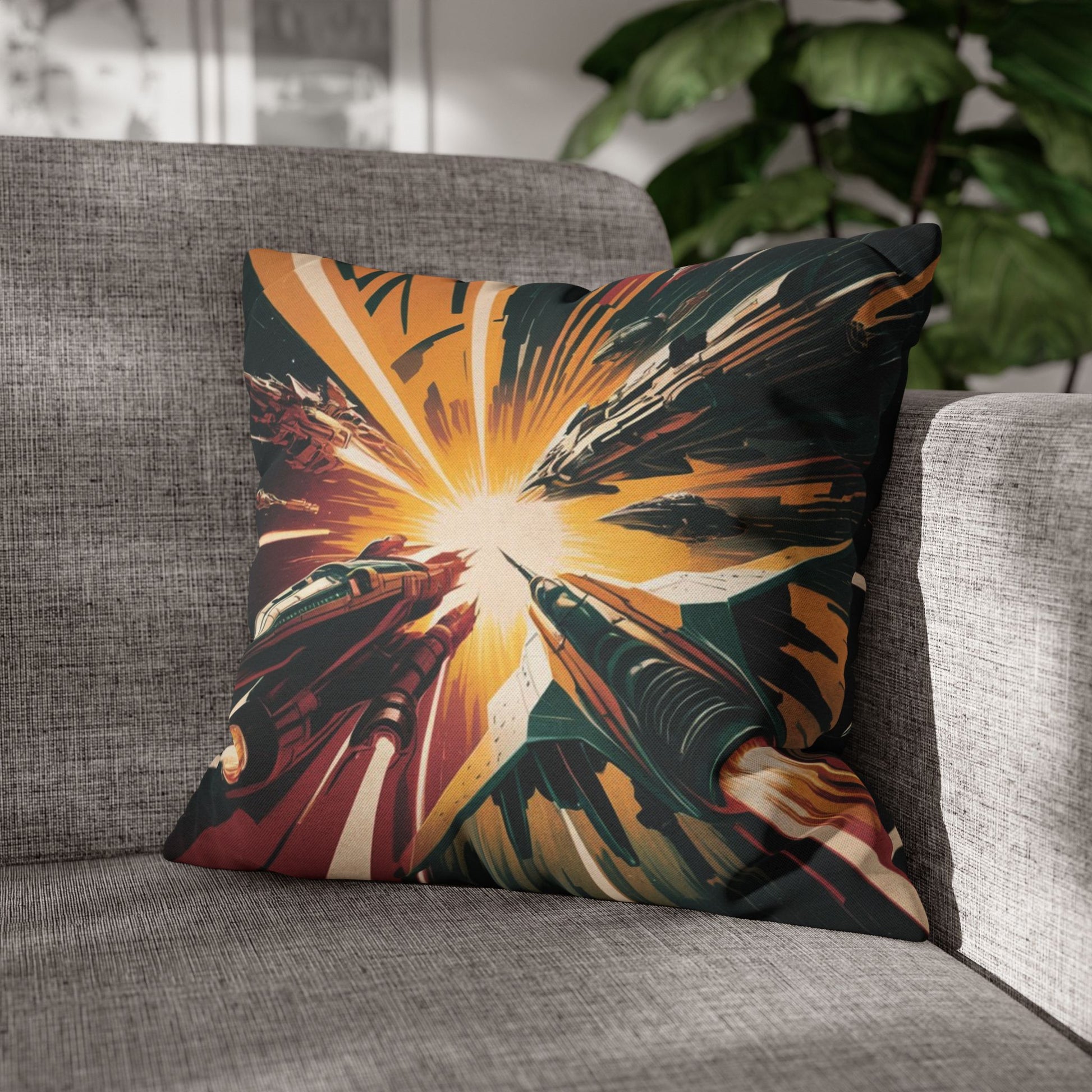 Pillow and pillowcase featuring a vintage 1960s sci-fi movie poster design of a spaceship battle in space, with bold colors, rocket ships, laser beams, and a starry universe background