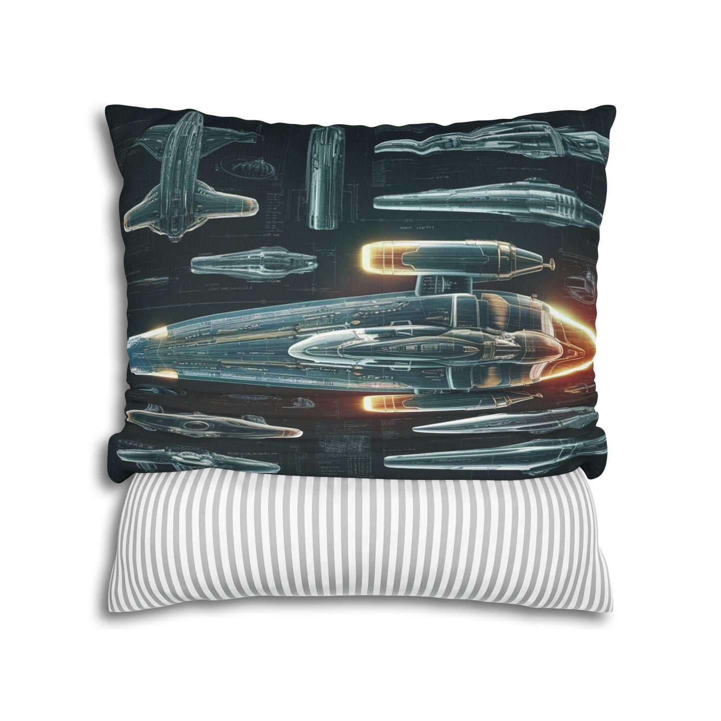 Futuristic Spaceship Blueprint Pillow & Pillowcase | Detailed Sci-Fi Schematic Design