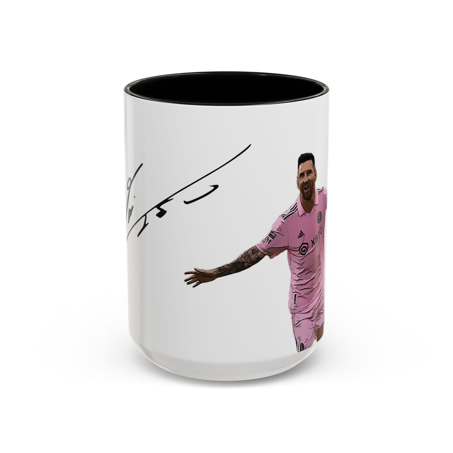 Cartoonized Lionel Messi in Inter Miami pink jersey celebrating with arms wide, signature above, on a 15oz white ceramic mug with black interior