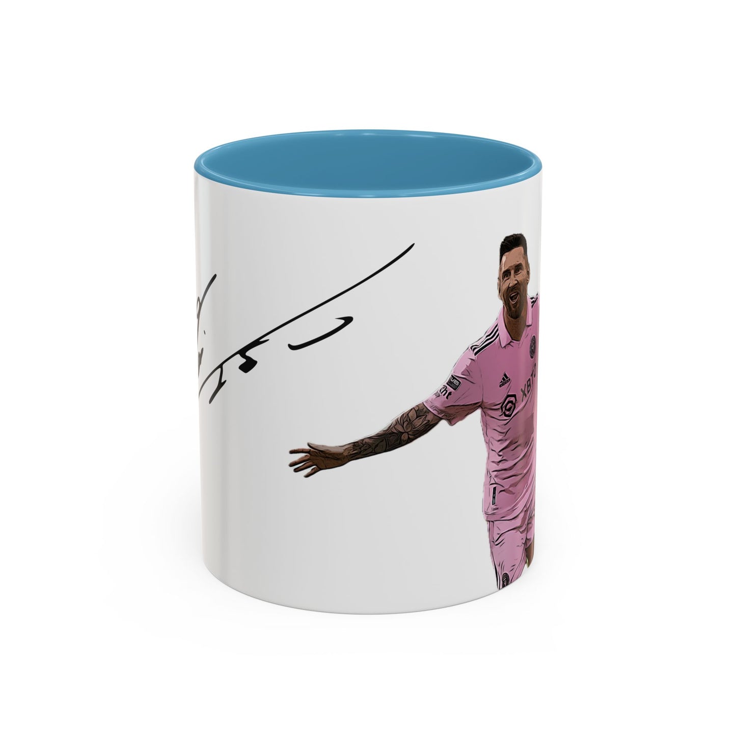 Cartoonized Lionel Messi in Inter Miami pink jersey celebrating with arms wide, signature above, on a 11oz white ceramic mug with blue interior