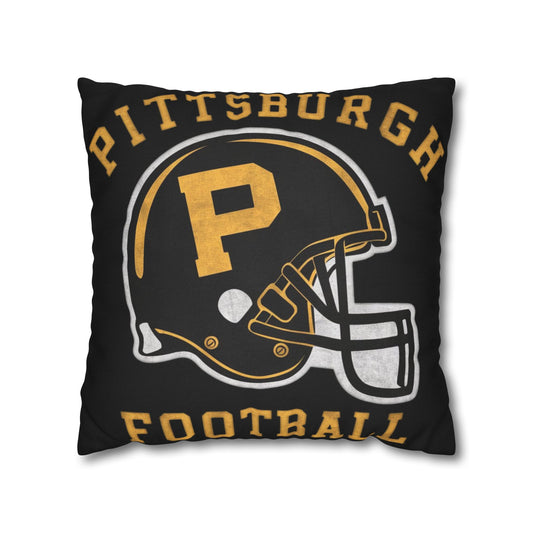 Black and Gold Pittsburgh Football Helmet. Black Throw Pillow and Pillowcase