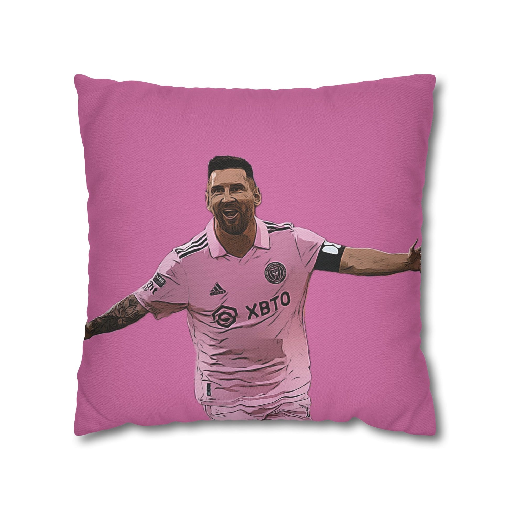 Pink throw pillow featuring a cartoonized Lionel Messi celebrating in his Inter Miami CF pink jersey on a pink background.