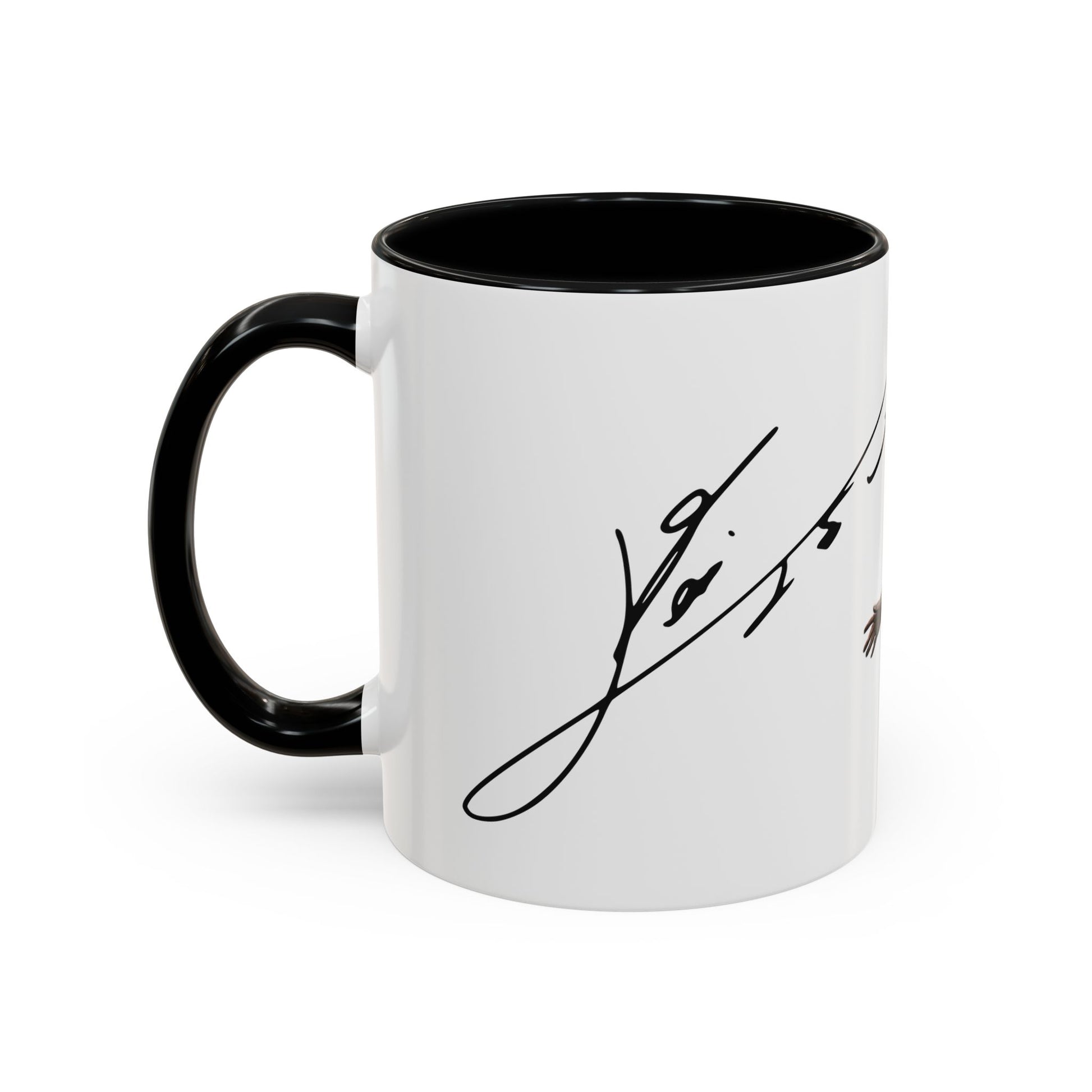 Lionel Messi’s autograph in bold black lettering on a white ceramic mug with black handle and interior