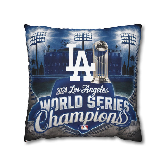 2024 Los Angeles Dodgers World Series Champions throw pillow with Dodgers logo, trophy, and 'World Champions' text