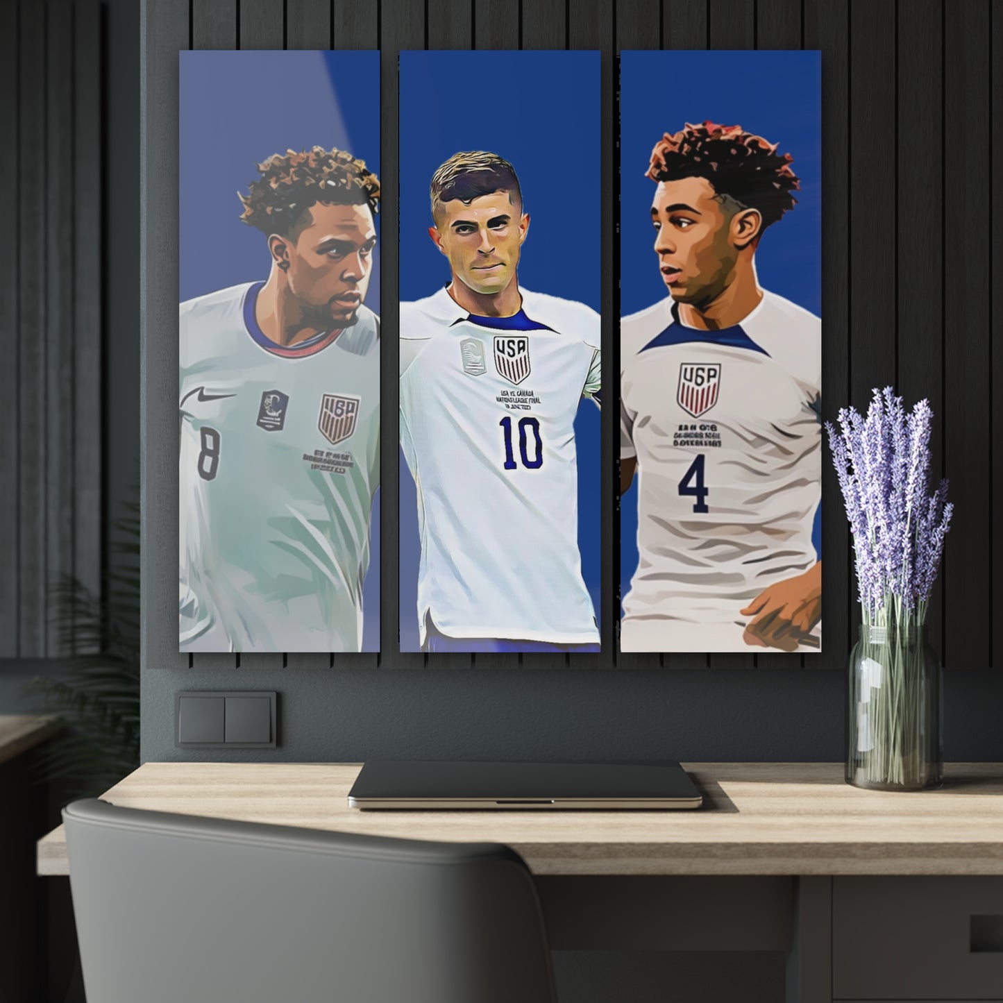 USA Soccer Stars Acrylic Wall Art - 3 Piece Set Featuring Christian Pulisic, Weston McKennie, and Tyler Adams | High-Quality Grade-A Acrylic Prints