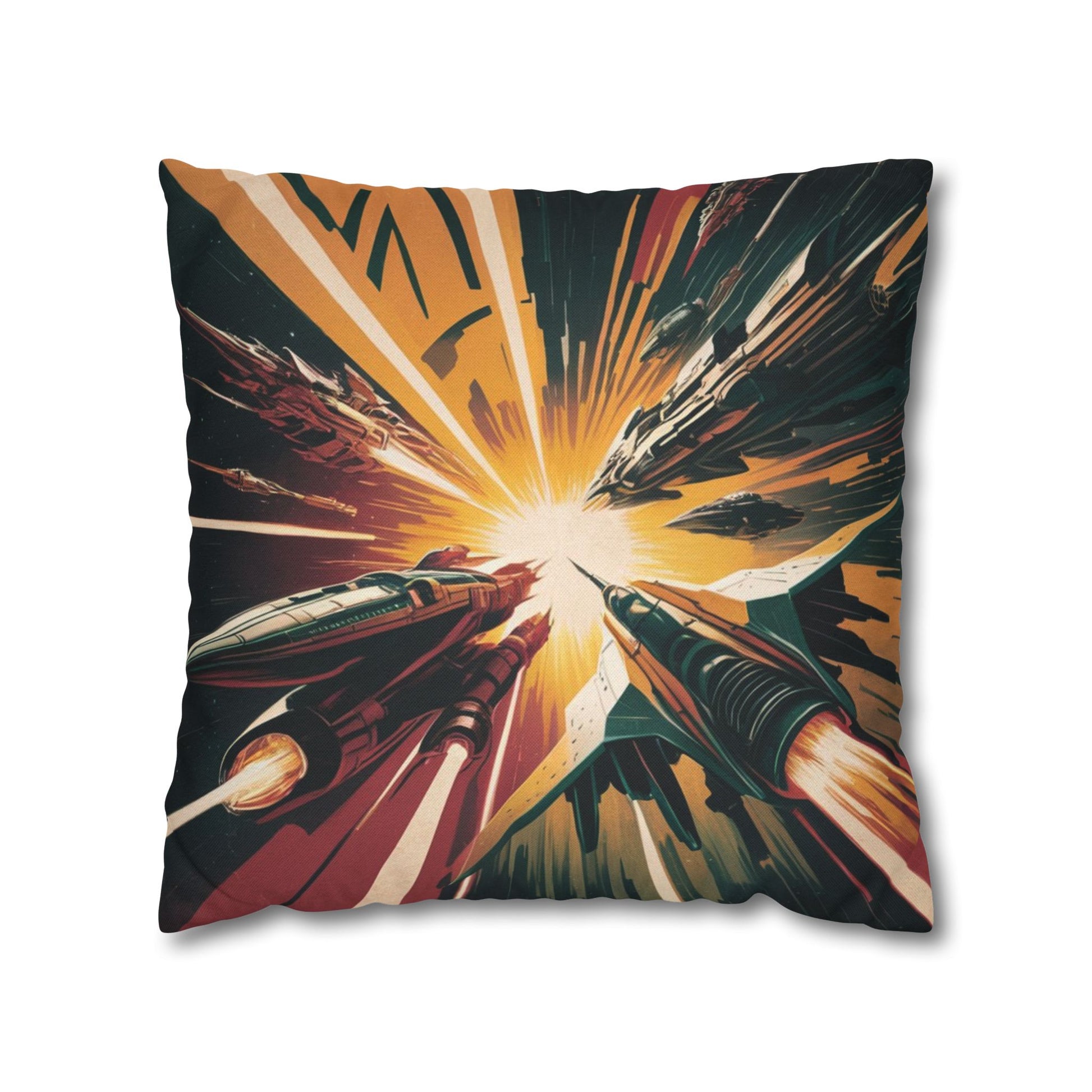 Pillow and pillowcase featuring a vintage 1960s sci-fi movie poster design of a spaceship battle in space, with bold colors, rocket ships, laser beams, and a starry universe background