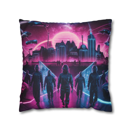 Retro-futuristic pillow and pillowcase with a glowing 1980s-inspired neon cityscape, featuring flying cars, laser beams, and holograms against a starry galaxy backdrop