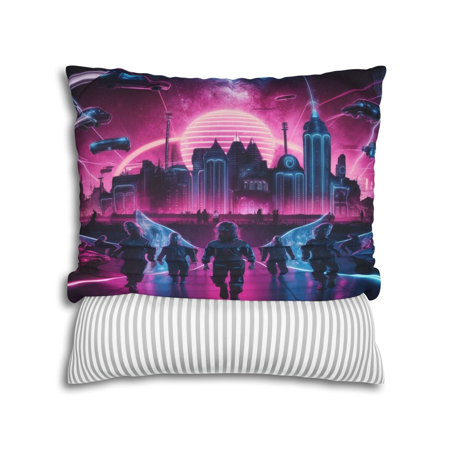 Retro-futuristic pillow and pillowcase with a glowing 1980s-inspired neon cityscape, featuring flying cars, laser beams, and holograms against a starry galaxy backdrop