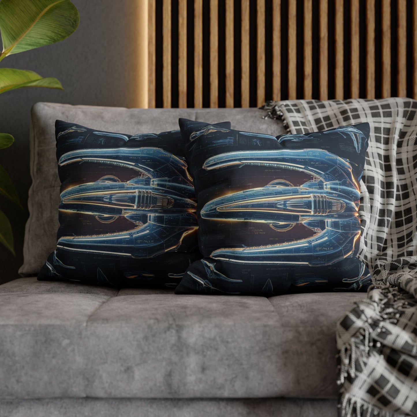 Futuristic Spaceship Blueprint Pillow & Pillowcase | High-Tech Schematic Design