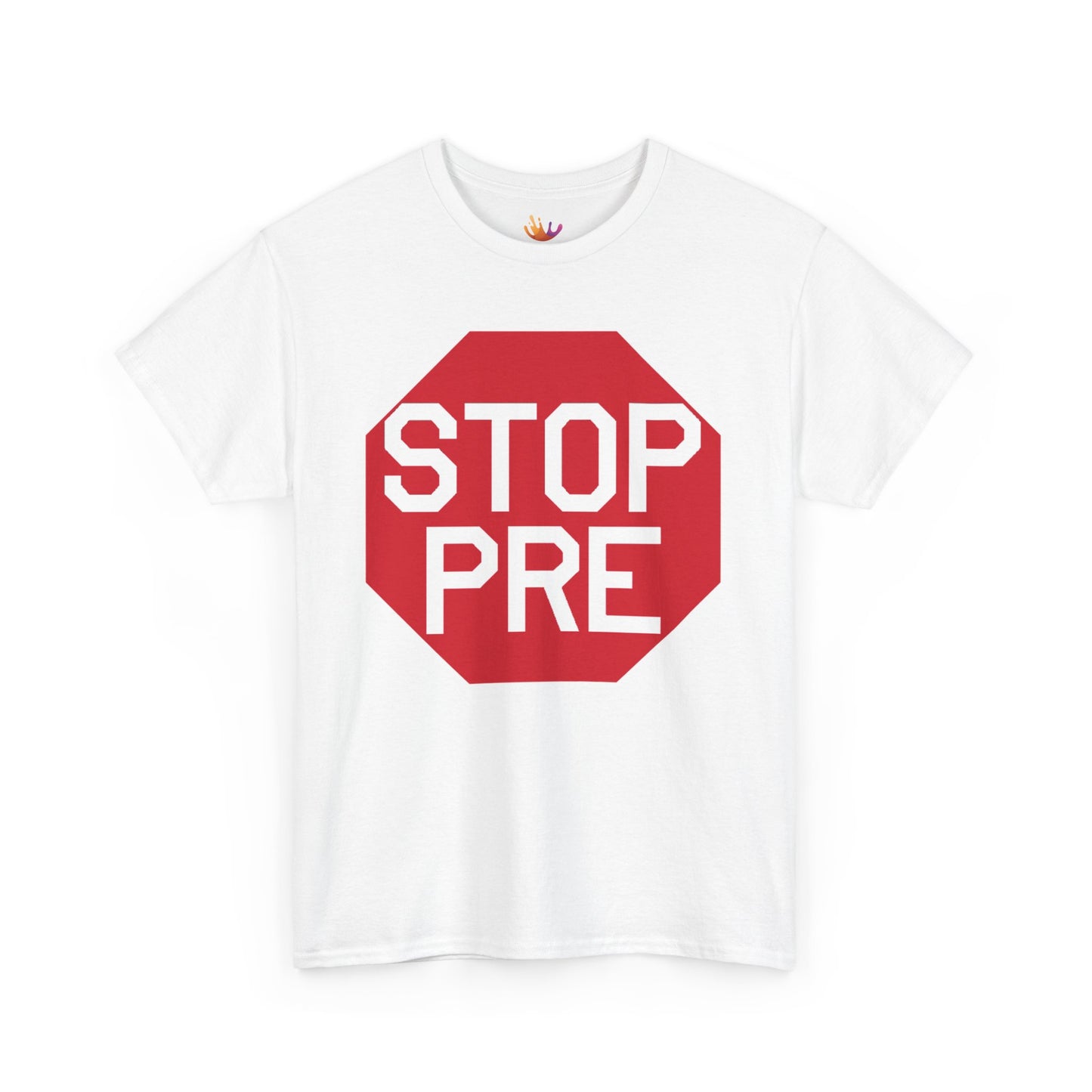 White tshirt with stop pre written inside a red hexagon, vintage stop pre shirt