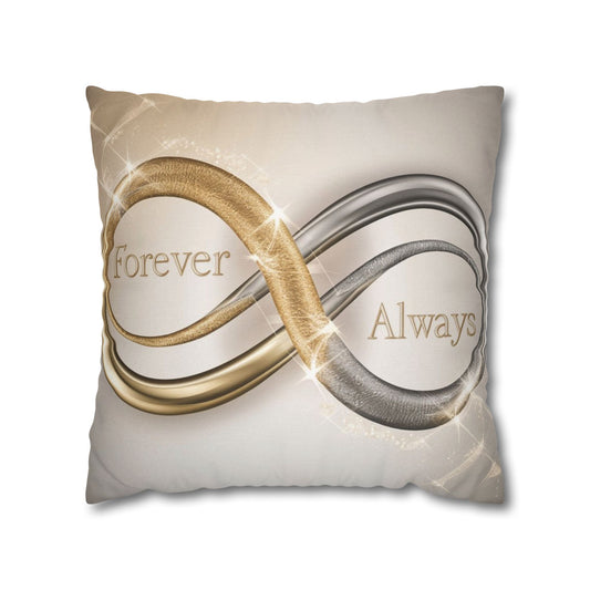 Elegant pillow and pillowcase set with intertwined gold and silver infinity symbols, designed for couples, newlyweds, and anniversaries.