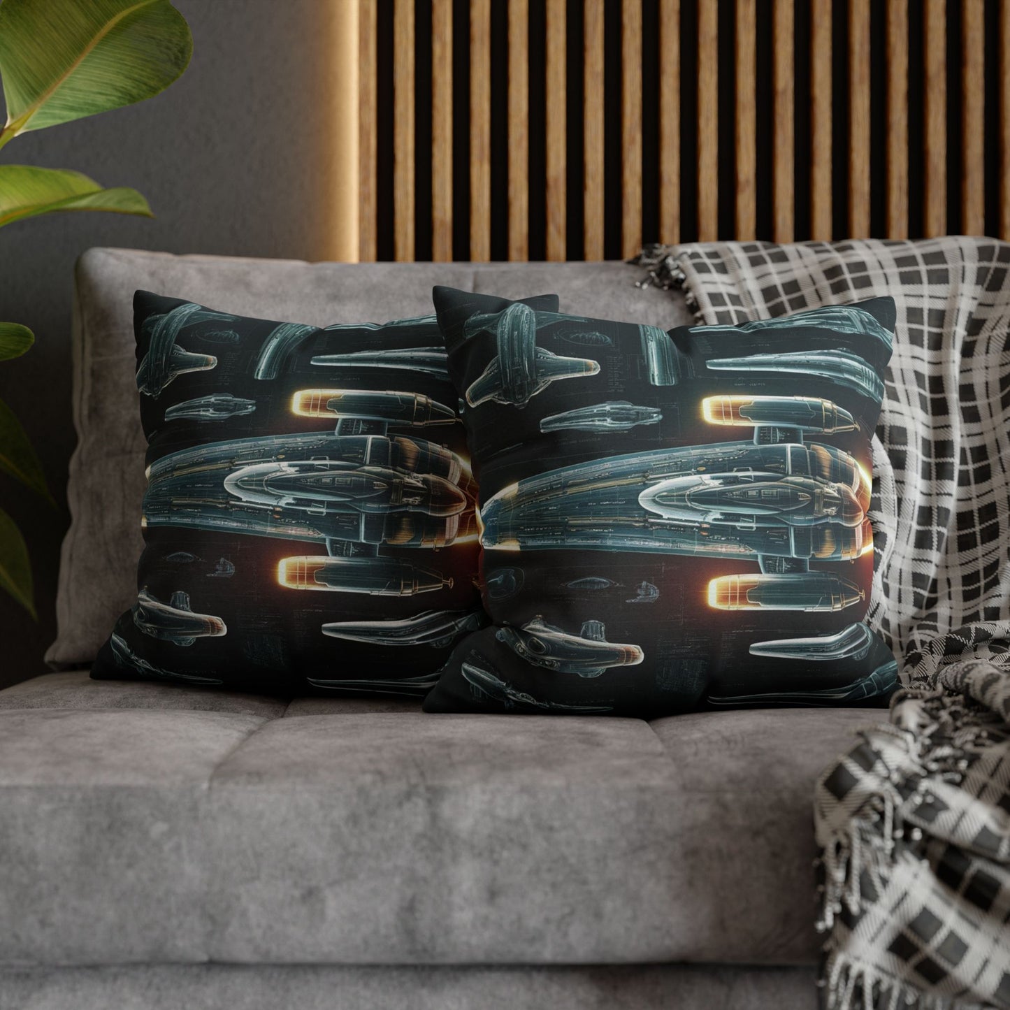 Futuristic Spaceship Blueprint Pillow & Pillowcase | Detailed Sci-Fi Schematic Design