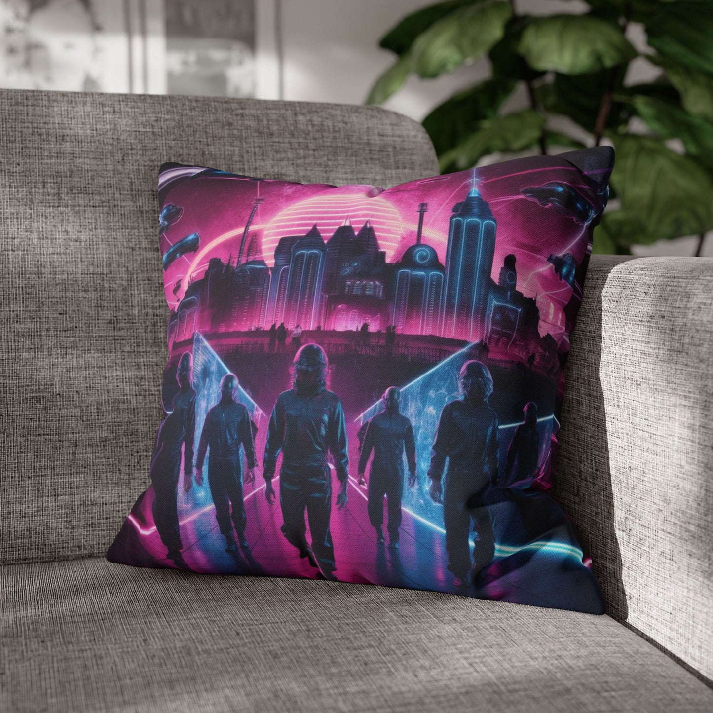 Retro-futuristic pillow and pillowcase with a glowing 1980s-inspired neon cityscape, featuring flying cars, laser beams, and holograms against a starry galaxy backdrop