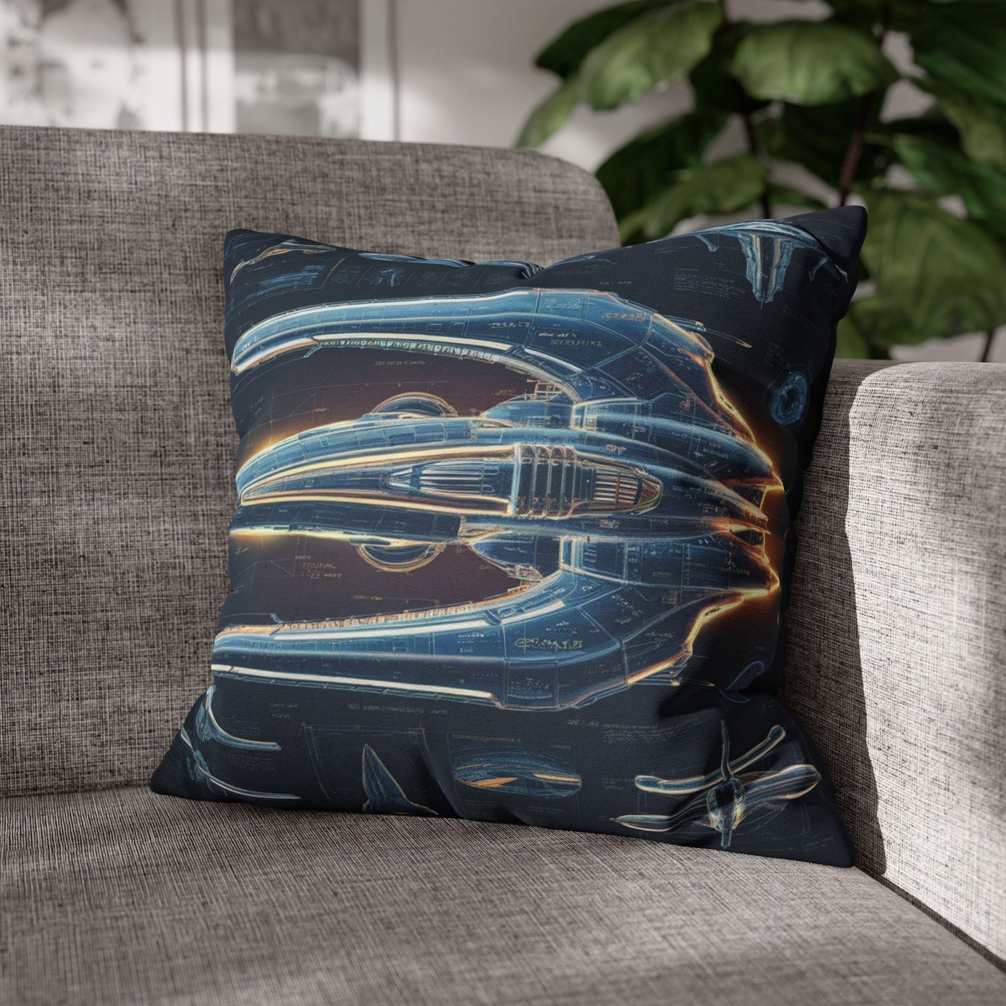 Futuristic Spaceship Blueprint Pillow & Pillowcase | High-Tech Schematic Design