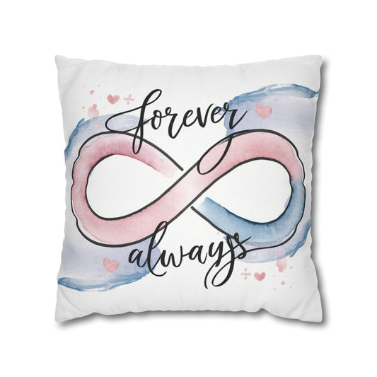 Minimalist pillow and pillowcase set featuring a soft pink and blue watercolor infinity symbol with handwritten 'Forever' and 'Always,' perfect for couples and anniversaries.