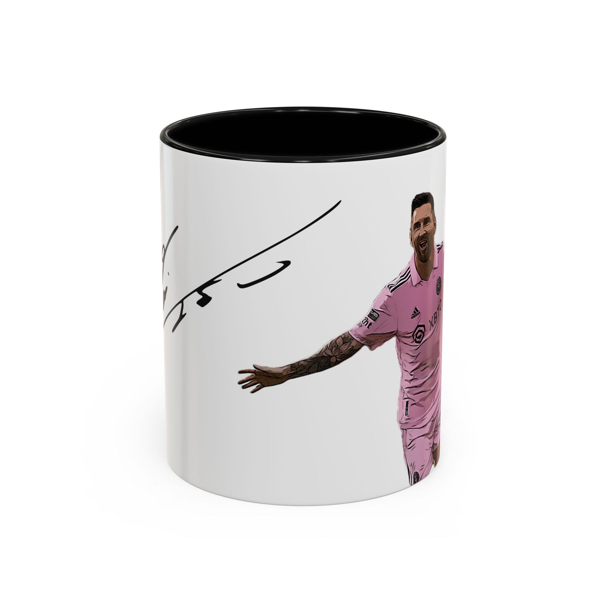 Cartoonized Lionel Messi in Inter Miami pink jersey celebrating with arms wide, signature above, on a 11oz white ceramic mug with black interior