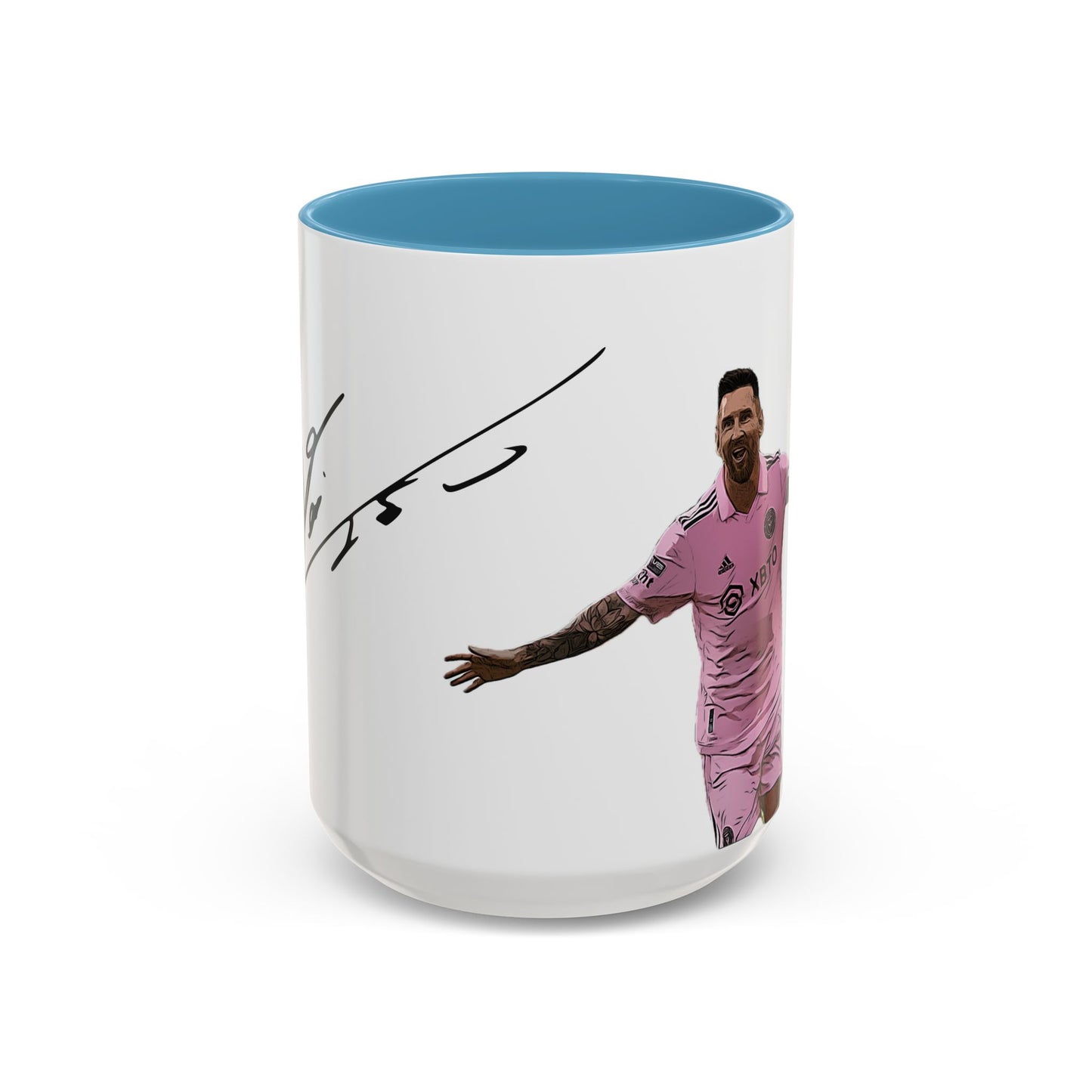 Cartoonized Lionel Messi in Inter Miami pink jersey celebrating with arms wide, signature above, on a 15oz white ceramic mug with blue interior