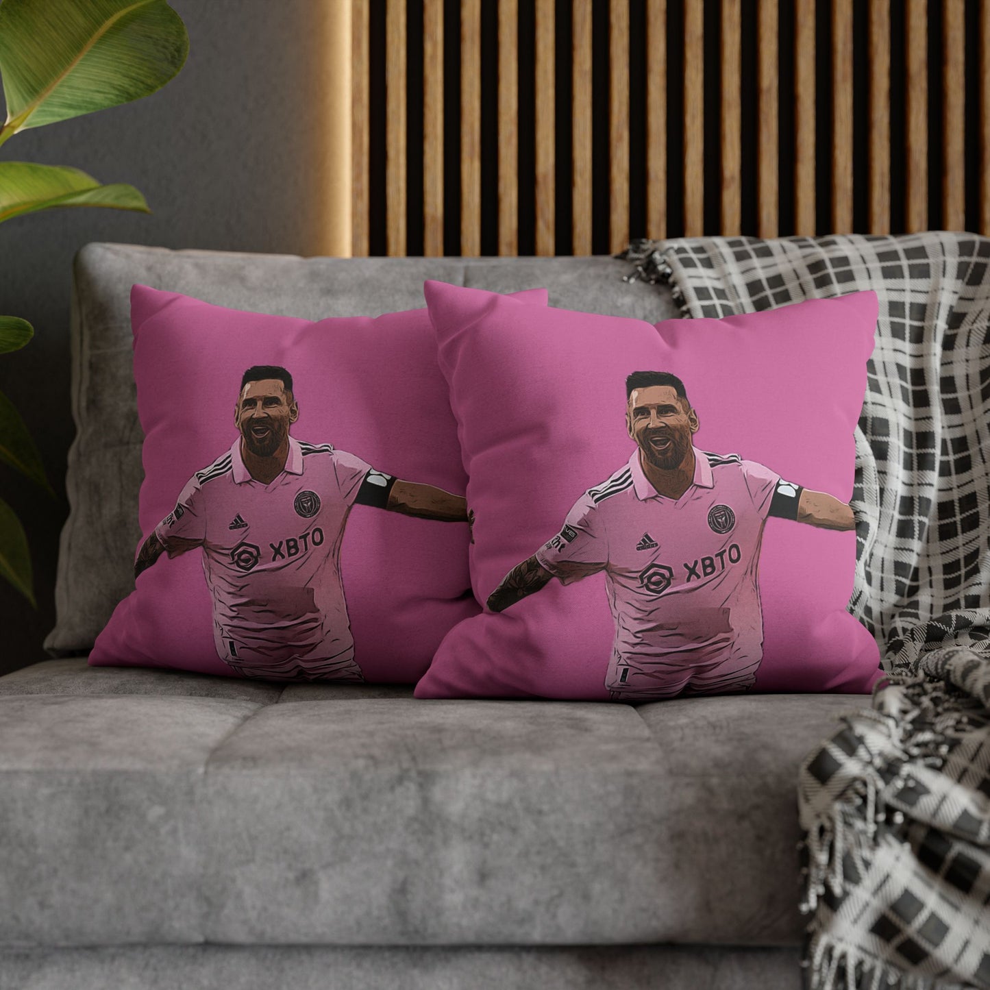 Lionel Messi cartoon design on a soft, pink pillowcase inspired by Inter Miami CF.